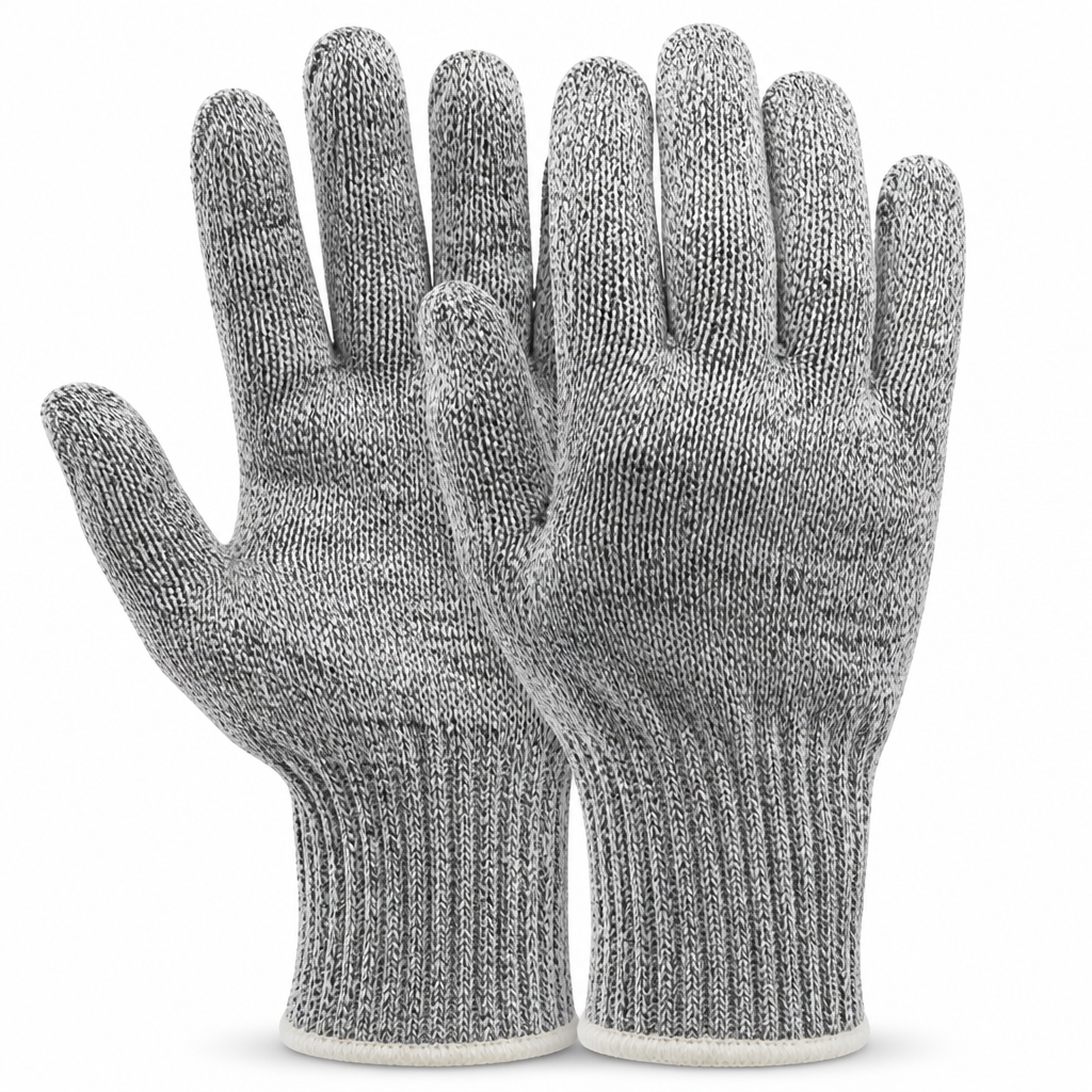 Grey knit work gloves