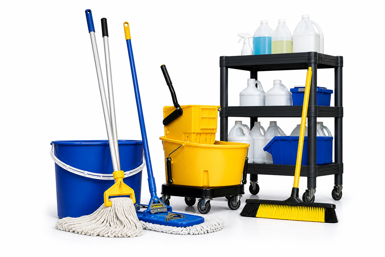 Mops buckets and janitor cart