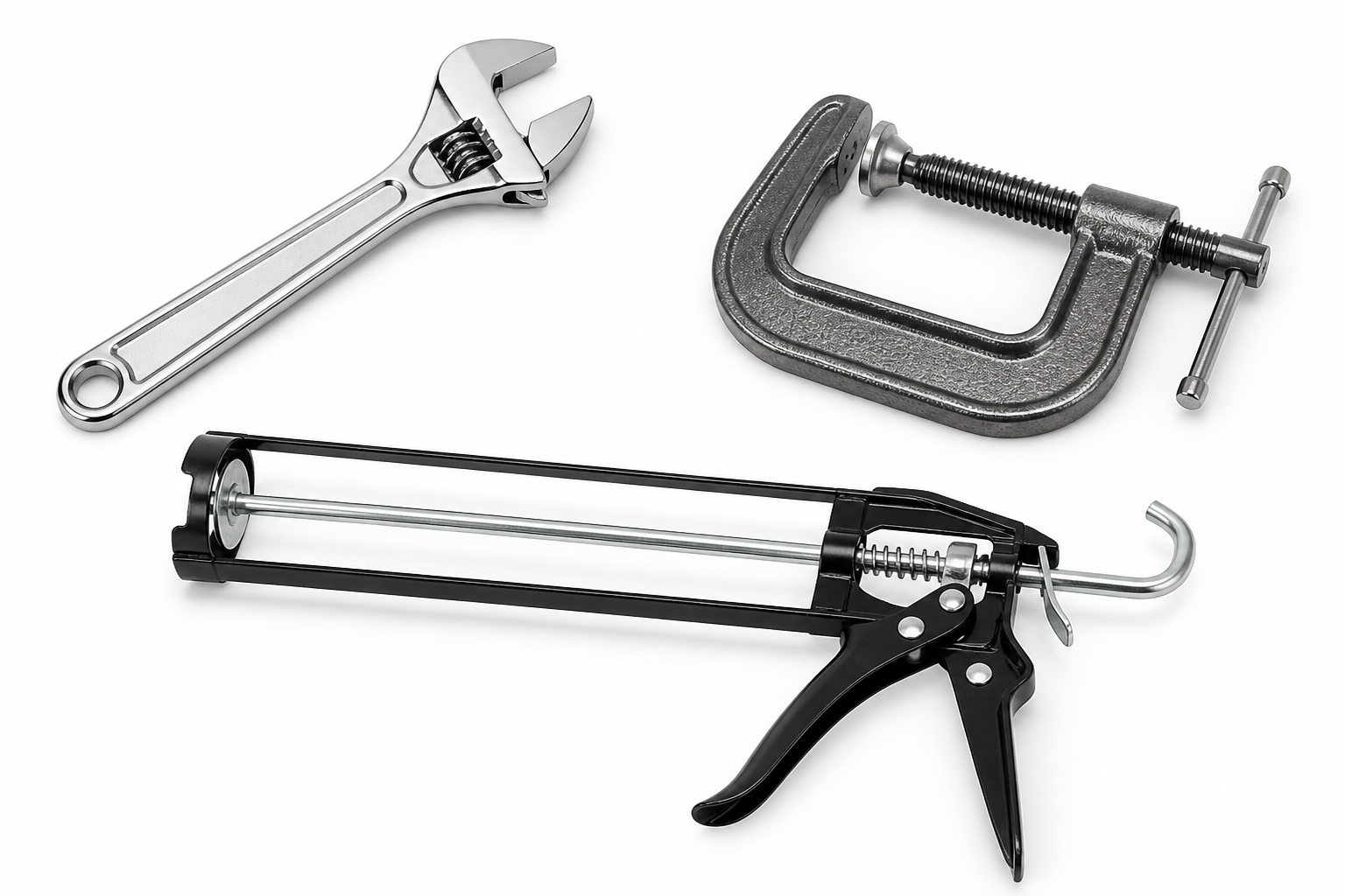 Wrench clamp and caulking gun